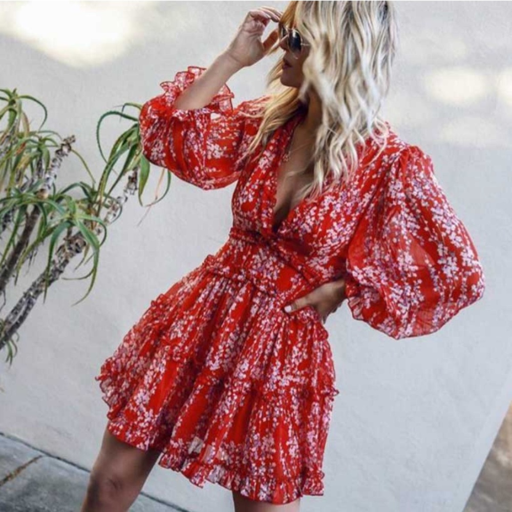 Bethany floral print open back dress - RED - Picture 4 of 6
